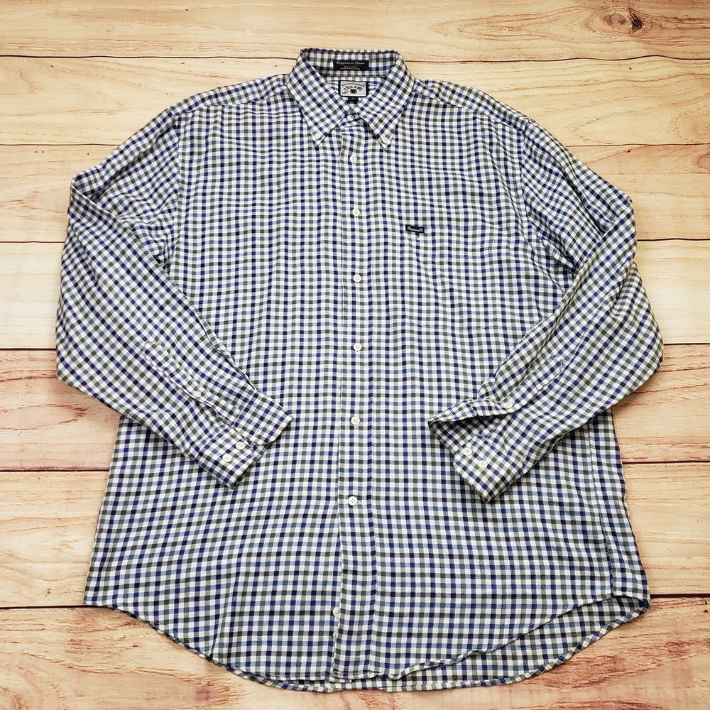 Faconnable Shirt Mens Large Blue Green Plaid Button Up Long Sleeve Classic Adult